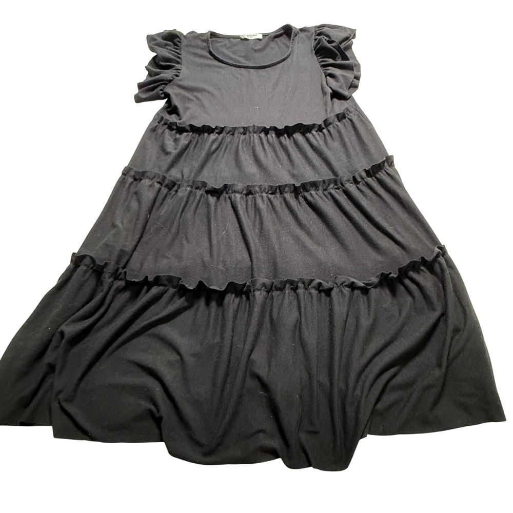 Zenana Tiered Midi Dress Women M Boho Black Flutter Sleeve Ruffle Prairie Preppy